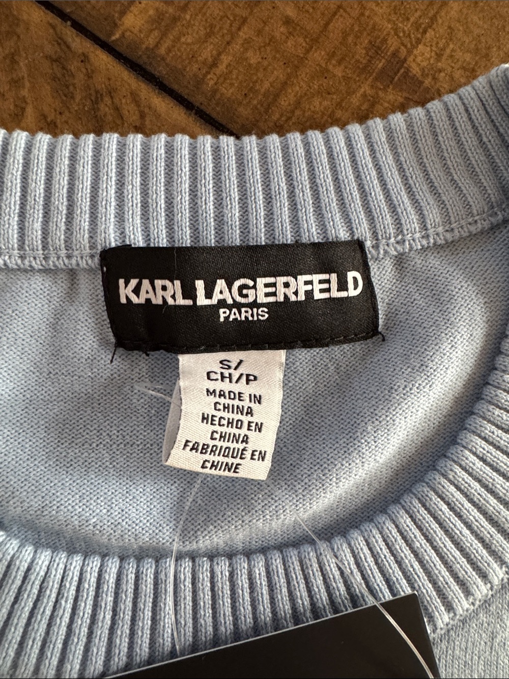 Karl Lagerfeld Women’s Smal Pale Blue 'Bonjour' Embellished Short Sleeve Sweater - Picture 3 of 4